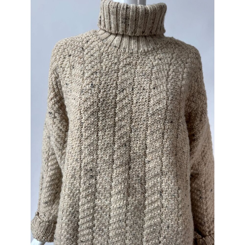 Vintage 80s Beige Chunky Knit Wool Turtleneck Sweater Textured Ribbed Long Sleev - Picture 5 of 12